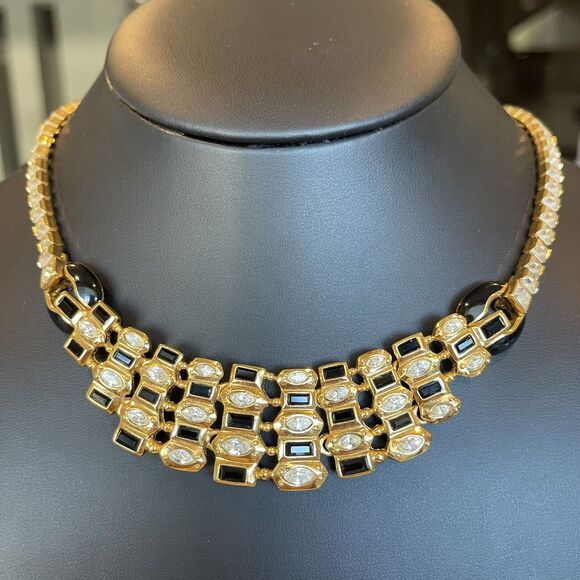 Vintage 1980s Gold Tone Black Enamel CZ Statement Necklace 15-18” Retro Jewelry - Picture 2 of 10